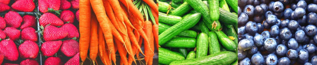 Colorful fruits Strawberries, carrots, zucchini, blueberries